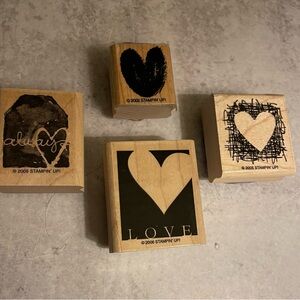 Hearts Valentine Day Wooden Rubber Ink Stamp Craft Used & Unused Set/4